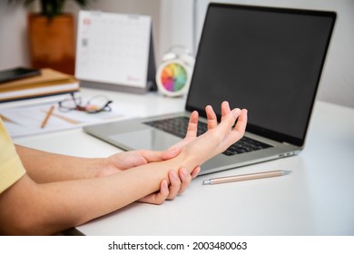 Concept Office Syndrome Hand Pain From Occupational Disease, Woman Having Wrist Pain From Using Computer, Wrist Pain.