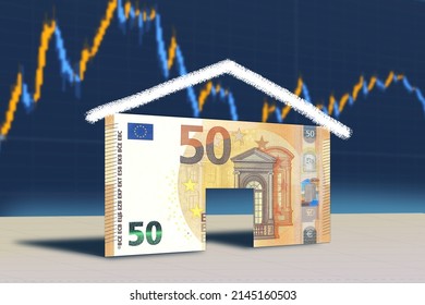 Concept on the market value of the houses, on the  mortgage interest rate, on the Euro currency market or on the family budget. A 50 euro banknote in the shape of a house with a market graph. - Shutterstock ID 2145160503