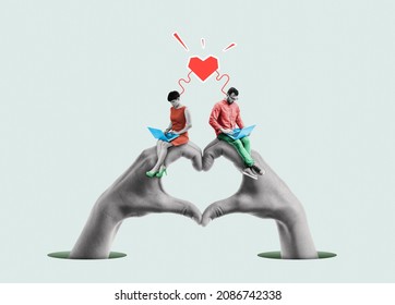 Concept for online dating or love correspondence. A man and a woman meet and communicate on the Internet.  - Shutterstock ID 2086742338