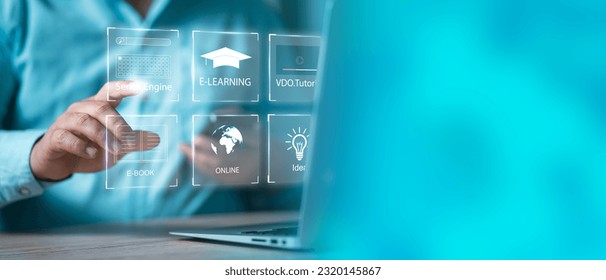 Concept of Online education. E learning technology concept. Online education, webinar, online courses. machine learning enhance personalised learning. Digital training to employee, compliance.