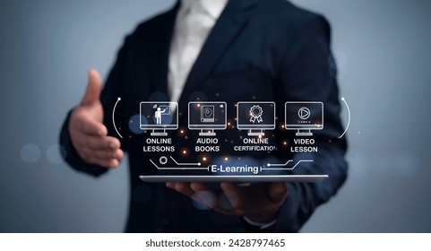 Concept of Online education E-learning Internet Technology Webinar Online Courses concept.Online education training and e-learning.Education internet Technology.Digital courses to develop new skills
