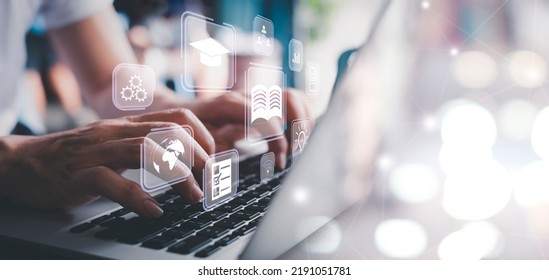 Concept of Online education. man use Online education training and e-learning webinar on internet for personal development and professional qualifications. Digital courses to develop new skills. - Shutterstock ID 2191051781