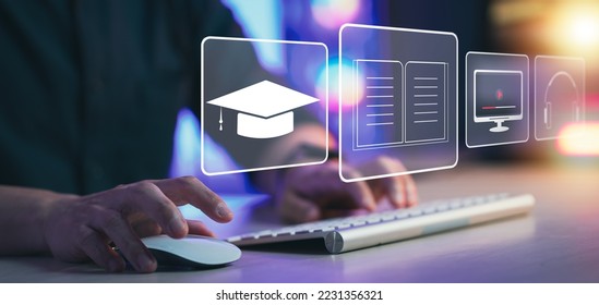 Concept Online education  man use Online education training   e  learning webinar internet for personal development   professional qualifications  Digital courses to develop new skills 