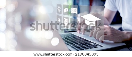 Concept of Online education. man use Online education training and e-learning webinar on internet for personal development and professional qualifications. Digital courses to develop new skills.