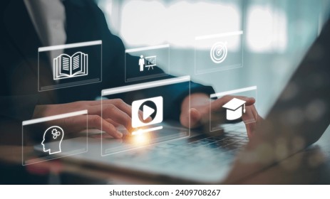 Concept of Online Education. Women use Online education training and e-learning webinar on the internet for personal development and professional qualifications. Digital courses to develop new skills. - Powered by Shutterstock - Get 15% off with code: PIKWIZARD15