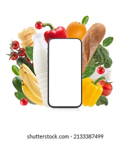 The Concept Of Online Ordering Groceries, Food Delivery. Food In The Phone.