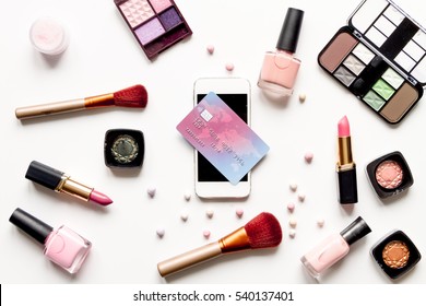 Concept Online Shopping Cosmetics On White Background Top View