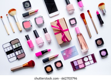 Concept Online Shopping Cosmetics On White Background Top View