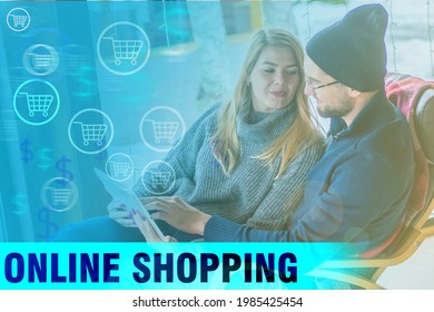 The Concept Of Online Shopping. People Make Purchases In An Online Store. Shopping From Home. More Time For Communication. Save Time When Shopping Online.