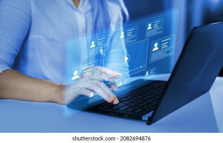 Concept of online work, online documents, confidentiality and jobs.Manager holds an online conference with his employees on virtual  screen.  - Shutterstock ID 2082694876