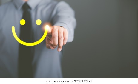 The concept of optimism, positive thinking, changing attitudes is a mental and emotional development to inspire goals to be achieved, businessmen pointing at the icon smiling confidently
