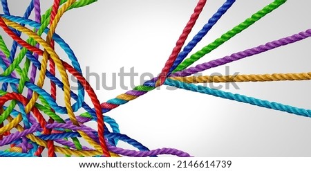 Concept of organizing from mismanagement to managed success as a tangled group of ropes with another team of organized ropes succeeding.
