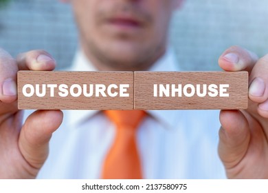 Concept of outsource or inhouse choice. Outsource or insource making decision. Outsourcing Global Recruitment. Human Resources.