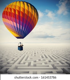 Concept Of Overcome Obstacles With Businessman On A Hot Air Balloon