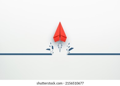 Concept of overcoming barriers, goal, target with red paper plane breaking through obstacle on white background