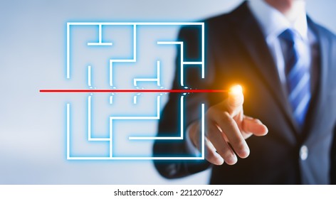 Concept Of Overcoming Barriers, Goal, Target, Businessman Drawing Line Breaking Through Maze