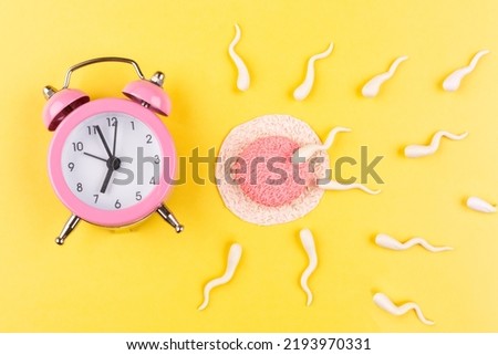 The concept of ovulation. Time for conceiving a baby from a man and a woman. The sperm fertilizes the egg. Yellow background.