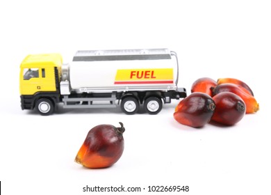 Concept Of Palm Oil Biofuel With Oil Palm Fruitlets And Toy Tanker Truck