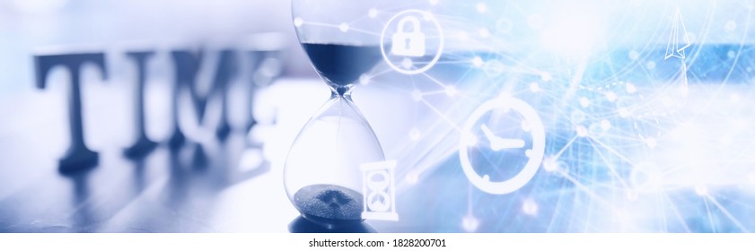 The concept of the passage of time. Hourglass on a dark background. Inscription time. The shadow on surface of the word. - Powered by Shutterstock