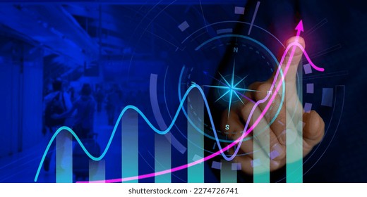 Concept of passenger optimization, increasing traffic, data accounting. Double exposure, human hand and unrecognizable passengers, upward traffic schedules.