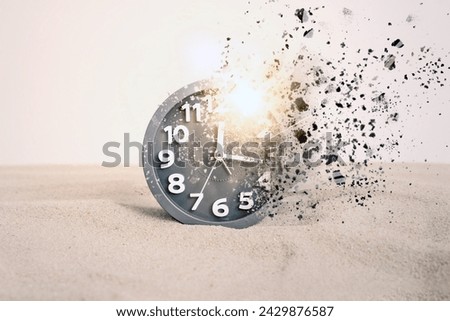 Concept of passing away, the clock breaks down into pieces. Clock in the desert