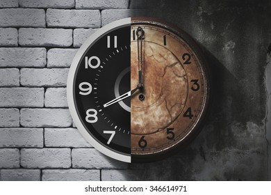 The Concept Of Past, Present New Versions Of Old Clocks, Wall Plaster, Old And New.