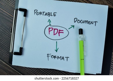Concept of PDF - Portable Document Format write on paperwork isolated on Wooden Table.