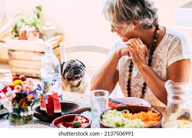 Concept Of People And Animals Lifestyle, Senior Old Woman Look With Love Her Funny Dog Pug Sitting At The Table Full Of Food. Best Friend Together Humans And Dogs. Friendship With Pet Mature Lady