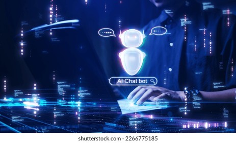 The concept of a person using a computer connected to AI Chatbot technology to help process the required information. artificial intelligence intelligent assistant in cyber consulting inquiries.