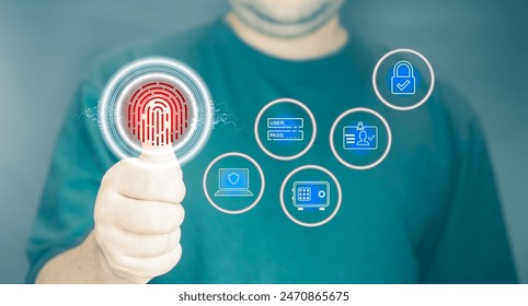 Concept of personal device security that requires rigorous protection of personal data. Fingerprint scan provides security access with biometrics identification.