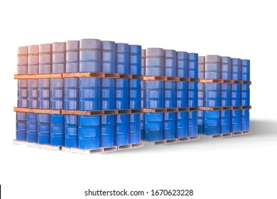 Concept - Petroleum Product Warehouse. Storage Of Gasoline In Barrels. Oil Is Prepared For Transportation. Barrels Of Petroleum Products On A White Background. Blue Barrels On Racks. Naphtha