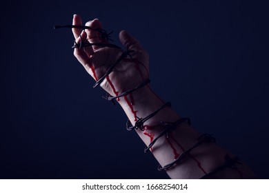 Concept Photo Of A Hand And Arm Tied With Barbed Wire In Studio Artistic Conversion