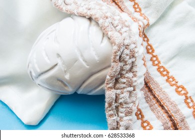 Concept Photo Of Sleepy, Tired Or Exhausted Brain. 3D Anatomical Model Of Brain Is Sleeping On Pillow Nestled Blanket. Illustration Of Heavy Mental Work, Mental Burnout In Psychology And Psychiatry