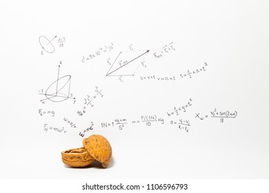 Concept of the phrase physics in a nutshell. Physics formulas drawn on white paper with walnuts