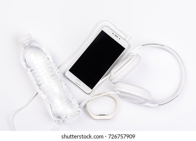 concept picture of  sport healthcare and technology future, white objects with bottle of water on white background.