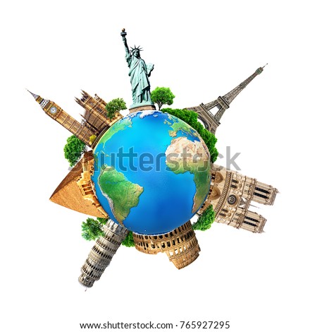 The concept of the planet with architectural landmarks of the world