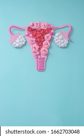 Concept polycystic ovary syndrome, PCOS. Paper art, awareness of PCOS, vertical image of the female reproductive system, copy space for text.