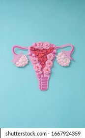 Concept Polycystic Ovary Syndrome, PCOS. Paper Art, Awareness Of PCOS, Vertical Image Of The Female Reproductive System, Copy Space For Text.