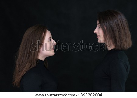 Similar – Image, Stock Photo happy twin sisters stand back to back