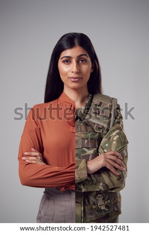 Concept Portrait Of Woman Showing Contrasting Day And Night Job Roles In Business And As Soldier