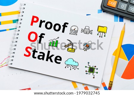 Concept pos and Proof of Stake with abstract icons