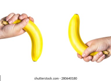 concept of potency, the concept of penis,  two men's hands holding the big bananas up and down, like the man penis, short, small, medium, average, long or large size