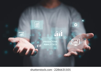 Concept of predictive analytics, big data analysis, business intelligence, and modern technology, presented on a virtual screen.
