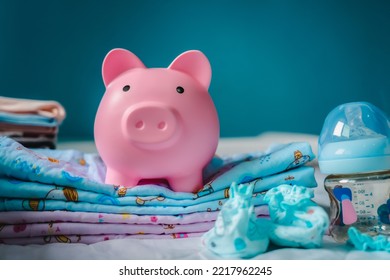 concept of Pregnancy family planning budget. Cost of having a child., piggy bank and nursery decor with savings. Maternity leave benefits. , family saving money in piggy bank - Shutterstock ID 2217962245