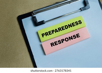 Concept of preparedness response write on sticky notes isolated on Wooden Table. For disaster management, business strategy and emergency plannings