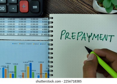 Concept of Prepayment write on a book isolated on Wooden Table.
