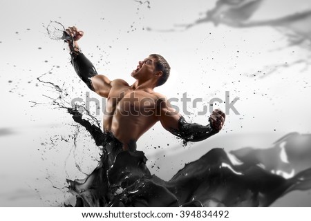 the concept - the price of oil increases. Strong handsome man on an abstract background oiled. Tycoon, oil, black gold.