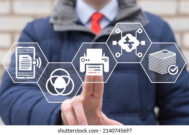 Concept of printing machine office paperwork. Businessman using virtual touchscreen presses printer icon. Print service. - Shutterstock ID 2140745697