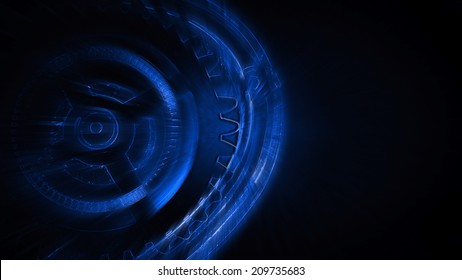 Concept of process, wheels, spinning, mechanical in neon color with dark background
