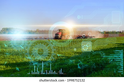 the concept of processing the cultivation of an agricultural field with automated machinery with a tractor based on artificial intelligence. technologies of the future in agriculture - Shutterstock ID 1998752132